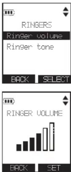 RINGERS Ringer volume Ringer tone BACK SELECT RINGER VOLUME BACK SET