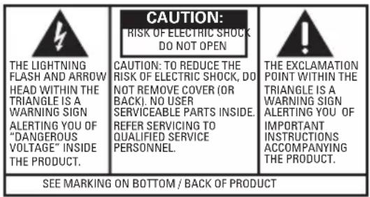 THE LIGHTNING FLASH AND ARROW HEAD WITHIN THE TRIANGLE IS A WARNING SIGN ALERTING YOU OF "DANGEROUS VOLTAGE" INSIDE THE PRODUCT. CAUTION: TO REDUCE THE RISK OF ELECTRIC SHOCK, DO NOT REMOVE COVER (OR BACK). NO USER SERVICEABLE PARTS INSIDE. REFER SERVICING TO QUALIFIED SERVICE PERSONNEL. THE EXCLAMATION POINT WITHIN THE TRIANGLE IS A WARNING SIGN ALERTING YOU OF IMPORTANT INSTRUCTIONS ACCOMPANYING THE PRODUCT. SEE MARKING ON BOTTOM / BACK OF PRODUCT