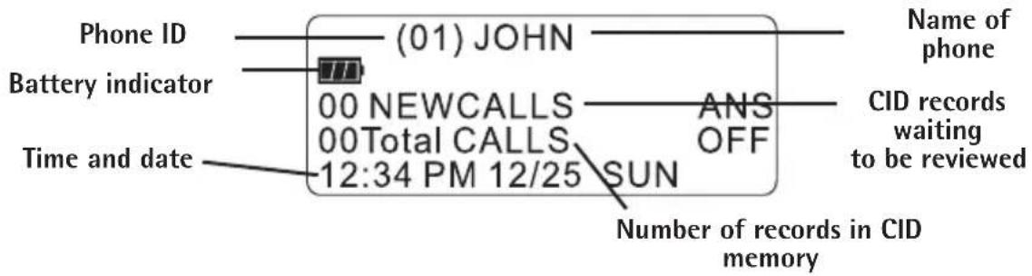 Phone ID Battery indicator Time and date (01) JOHN 00 NEWCALLS 00Total CALLS 12:34 PM 12/25 SUN ANS OFF Number of records in CID memory Name of phone CID records waiting to be reviewed