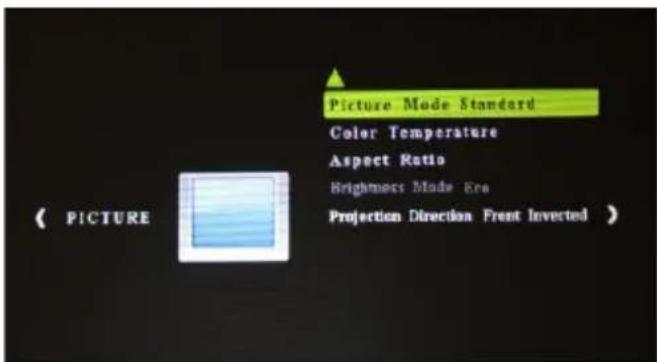 Picture Mode Standard Color Temperature Aspect Ratio Brightness Mode Eco Projection Direction Front Inverted > ( PICTURE )