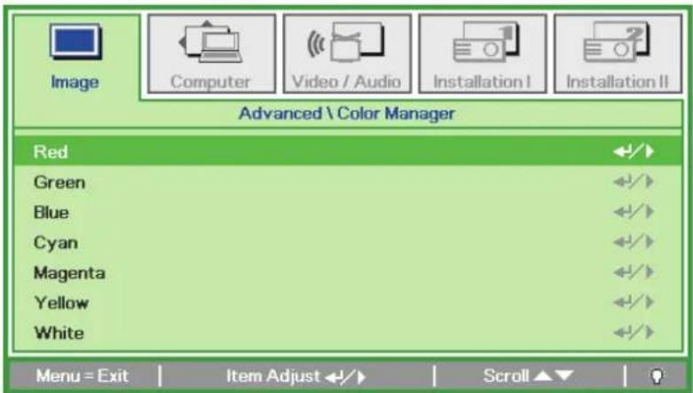 Image Computer Video / Audio Installation I Installation II Advanced \ Color Manager Red Green Blue Cyan Magenta Yellow White Menu = Exit Item Adjust ↕ ↗ Scroll ▲▼