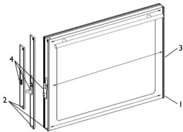 Technical diagram of a door frame with numbered components and directional arrows indicating assembly or movement.