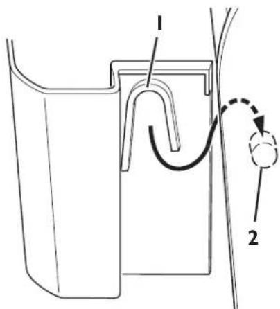 Technical diagram showing a mechanical assembly with labeled parts 1 and 2, including a curved component and a dashed arrow indicating motion.