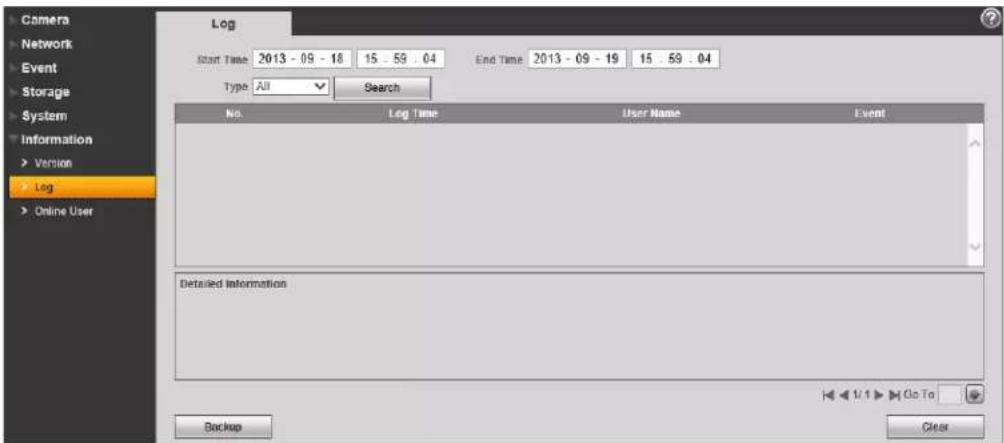 Camera Network Event Storage System Information Version Log Online User Log Start Time 2013 - 09 - 18 15 . 59 . 04 End Time 2013 - 09 - 19 15 . 59 . 04 Type All Search No. Log Time User Name Event Detailed Information Backup Go To Clear