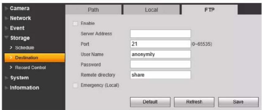 Camera Network Event Storage Schedule Destination Record Control System Information Path Local FTP Enable Server Address Port 21 (0~65535) User Name anonymity Password Remote directory share Emergency (Local) Default Refresh Save