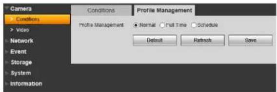 Camera > Conditions > Video Network Event Storage System Information Conditions Profile Management ● Normal ○ Full Time ○ Schedule Default Retrench Save