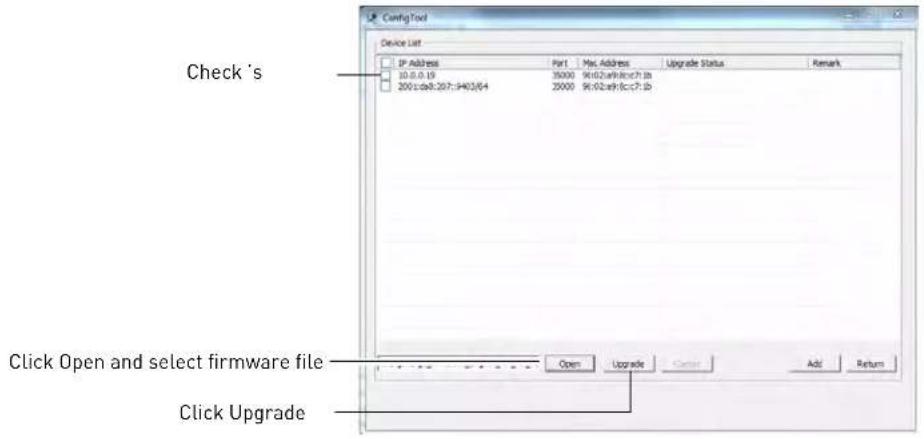 ConfigTool Device List IP Address Part Max Address Upgrade Status Remark 10.0.0.19 35000 96102.wk/loc?1b 2001.cdb:267:9403/64 20000 96102.wk/fcc?1b Check 's Click Open and select firmware file Click Upgrade Open Upgrade Cancel Add Return