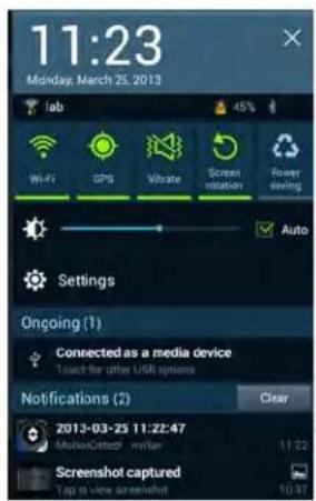 11:23 Monday, March 25, 2013 lab 45% Wi-Fi GPS Vibrate Screen rotation Power saving Auto Settings Ongoing (1) Connected as a media device 1 touch for other USB options Notifications (2) Clear 2013-03-25 11:22:47 MultiDetector writer 11:22 Screenshot captured Top is view screenshot 10:22
