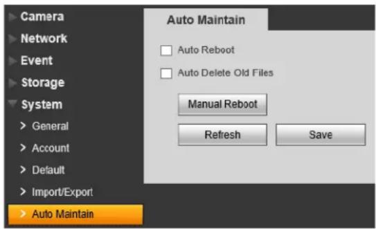 Camera Network Event Storage System General Account Default Import/Export Auto Maintain Auto Maintain Auto Reboot Auto Delete Old Files Manual Reboot Refresh Save