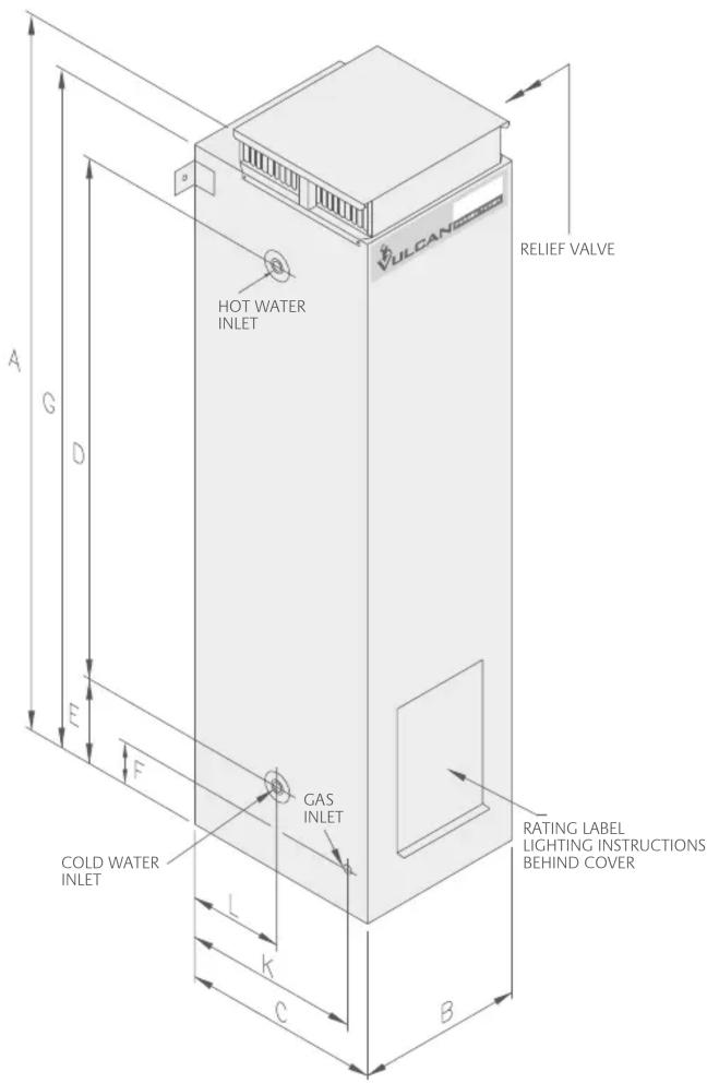 A G D E F COLD WATER INLET L K C B HOT WATER INLET VULCAN RELIEF VALVE GAS INLET RATING LABEL LIGHTING INSTRUCTIONS BEHIND COVER