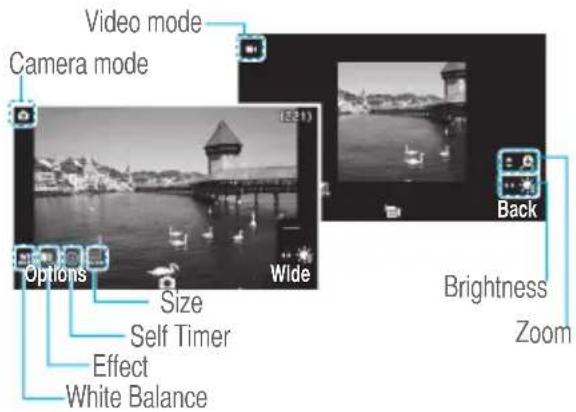 Video mode Camera mode Options Size Self Timer Effect White Balance (521) Wide Back Brightness Zoom