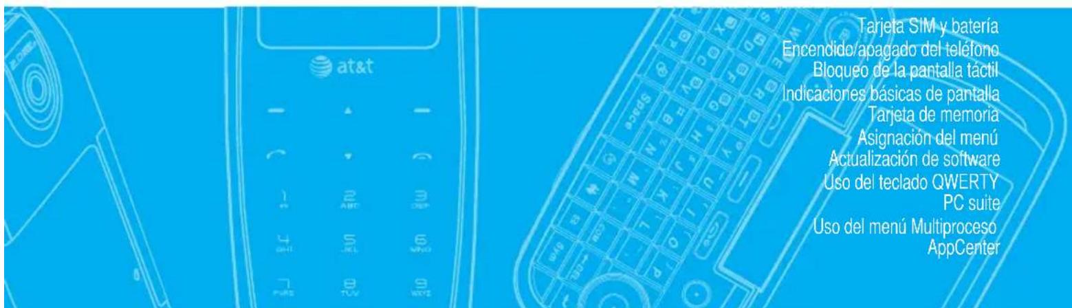 Tarjeta SIM y batería Encendido/apagado del teléfono Bloqueo de la pantalla táctil Indicaciones básicas de pantalla Tarjeta de memoria Asignación del menú Actualización de software Uso del teclado QWERTY PC suite Uso del menú Multiproceso AppCenter