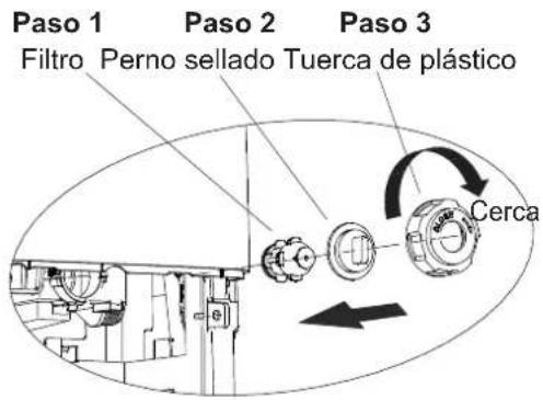 Paso 1 Filtro Perno sellado Tuerca de plástico Paso 2 Cerca