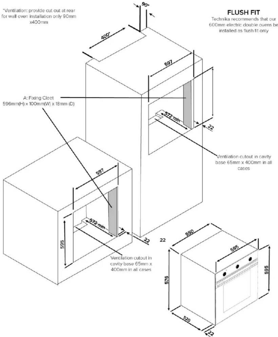 Ventilation: provide cut out at rear for wall oven installation only 90mm x400mm A: Fixing Cleet 596mm(H) x 100mm(W) x 18mm (D) 597 572 min 595 572 min Ventilation cutout in cavity base 65mm x 400mm in all cases FLUSH FIT Technika recommends that our 600mm electric double ovens be installed as flush fit only 597 595 576 520 22 22 22 550 595 595 595 *Ventilation: provide cut out at rear for wall oven installation only 90mm x400mm