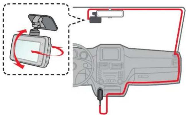 Diagram showing a car dashboard connected to a sensor device, with red arrows indicating rotation and connection points.