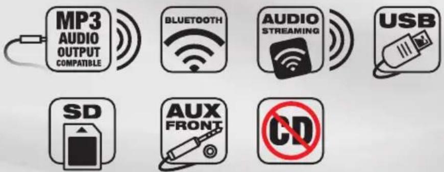 MP3 AUDIO OUTPUT COMPATIBLE BLUETOOTH AUDIO STREAMING USB SD AUX FRONT CD