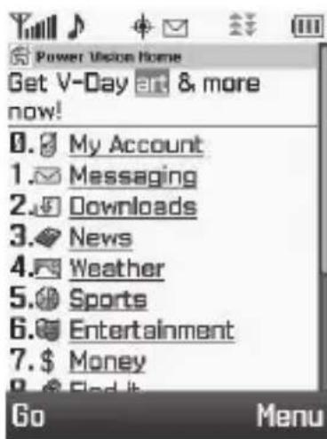 Power Vision Home Get V-Day art & more now! 0. My Account 1. Messaging 2. Downloads 3. News 4. Weather 5. Sports 6. Entertainment 7. $ Money Go Menu
