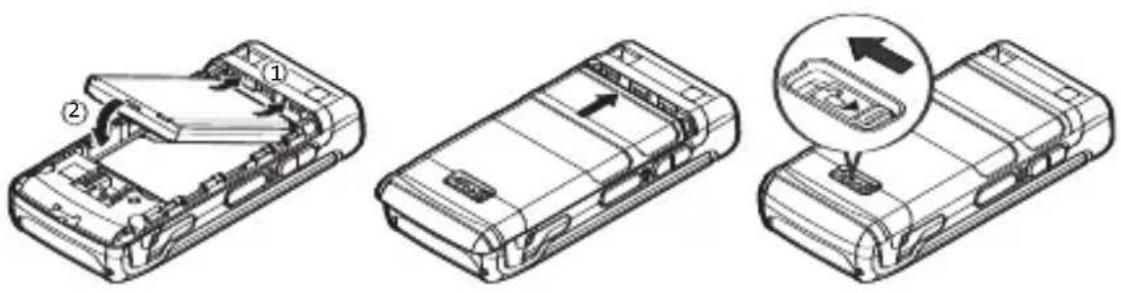 Technical diagram showing three views of a device's internal structure with numbered annotations and an arrow indicating a step.
