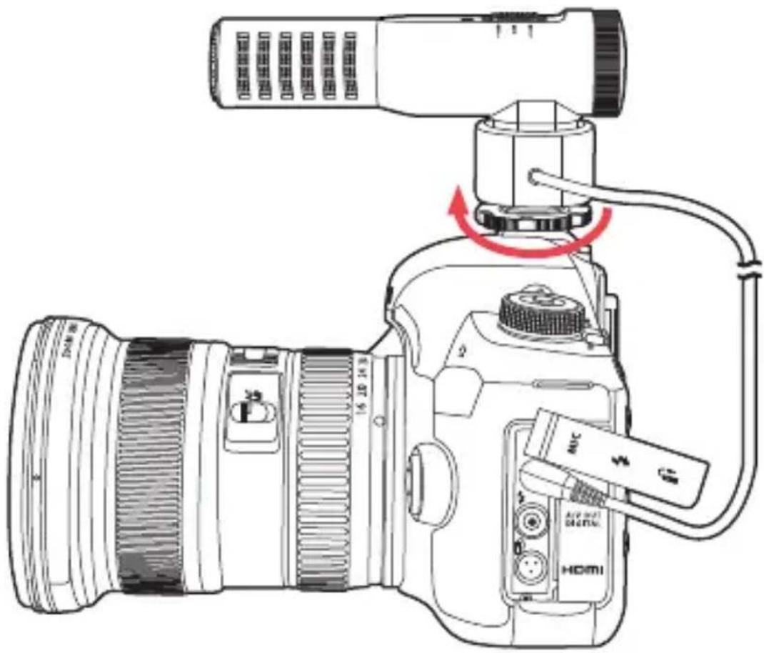 Diagram of a DSLR camera with labeled parts and directional arrow indicating rotation or adjustment