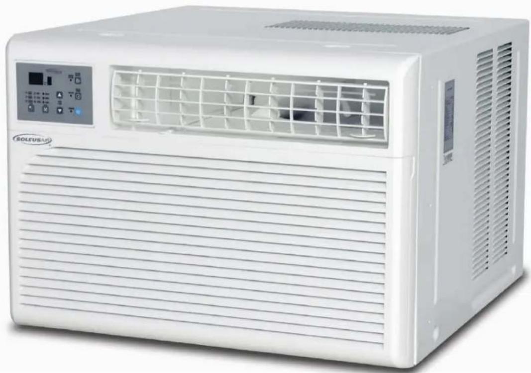 White SOLEVEA air conditioner unit with ventilation grilles and control panel (no visible text or symbols)