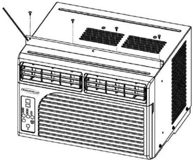Line drawing of an air conditioner unit with ventilation grilles and control panel (no text or symbols)