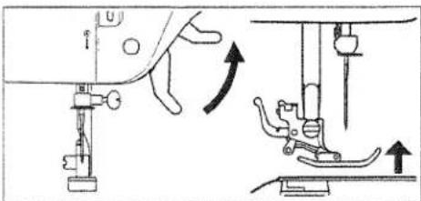 Technical diagram showing sewing machine tool path with labeled components and directional arrows indicating movement
