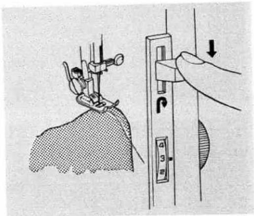 Diagram showing sewing machine stitching a fabric with labeled parts and directional arrow