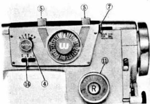 Labeled diagram of a vintage sewing machine with numbered parts including buttons, dials, and a rotary knob.