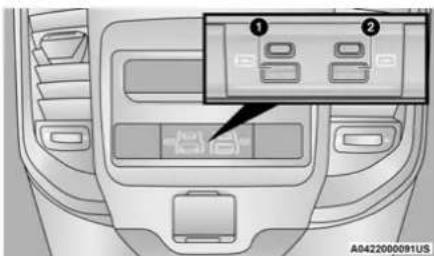 Diagram of car interior panel with labeled buttons and a cursor pointing to a button, showing two icons for navigation or system control.