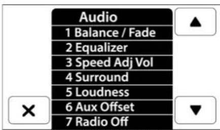 Audio 1 Balance / Fade 2 Equalizer 3 Speed Adj Vol 4 Surround 5 Loudness 6 Aux Offset 7 Radio Off