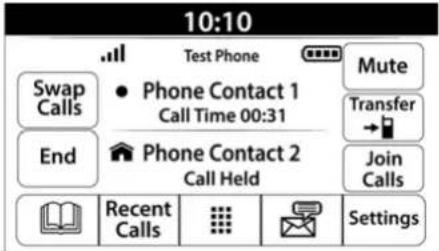 10:10 Test Phone Swap Calls Phone Contact 1 Call Time 00:31 Mute Transfer + End Phone Contact 2 Call Held Join Calls Recent Calls Settings