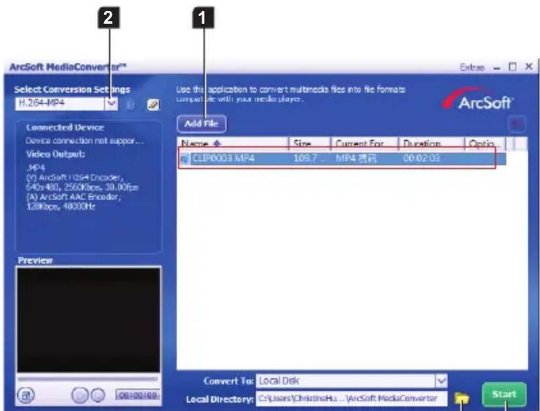 ArcSoft MediaConverter Select Conversion Settings H.264-MP4 Connected Device Device connection not support... Video Outputs: .MP4 (V) ArcSoft11264 Encoder, 640x480, 2560Kbps, 30.00fps (A) ArcSoft AAC Encoder, 128Kbps, 4800Hz Add File Name Size Current For Duration Optic CLIP0003 MP4 109.7 MP4 视频 00:02:03 Convert To: Local Disk Local Directory: C:\Users\ChristinaHu...\ArcSoft MediaConverter Start