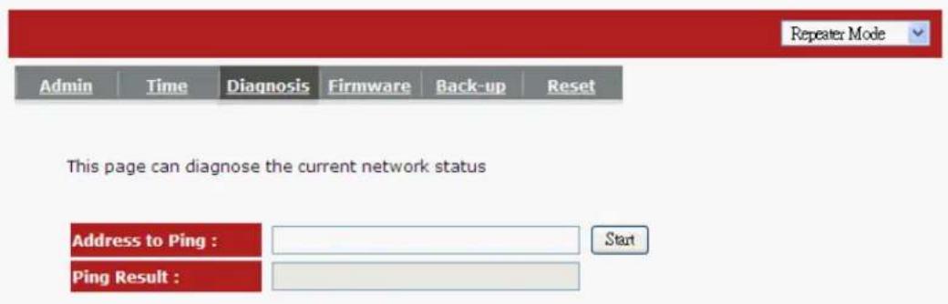 Repeater Mode Admin Time Diagnosis Firmware Back-up Reset This page can diagnose the current network status Address to Ping : Start Ping Result :