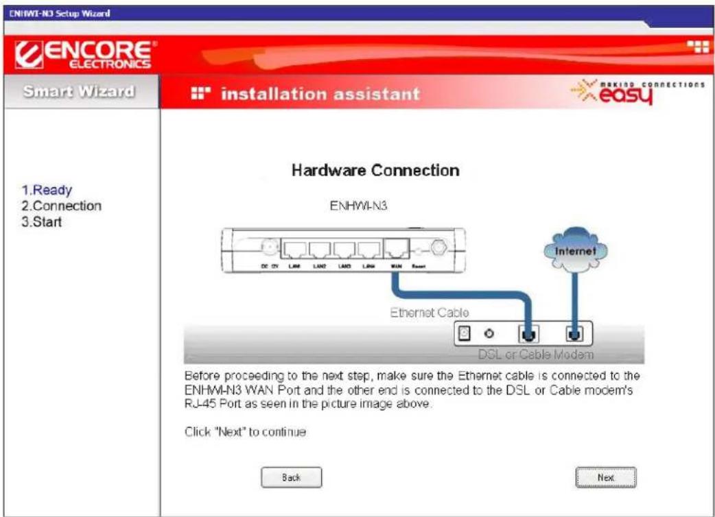ENHWE-NO Setup Wizard ENCORE® ELECTRONICS Smart Wizard installation assistant RKIDG CONNECTIONS easy Hardware Connection ENHWI-N3 Before proceeding to the next step, make sure the Ethernet cable is connected to the ENHWI-N3 WAN Port and the other end is connected to the DSL or Cable modem's RJ-45 Port as seen in the picture image above. Click "Next" to continue Back Next