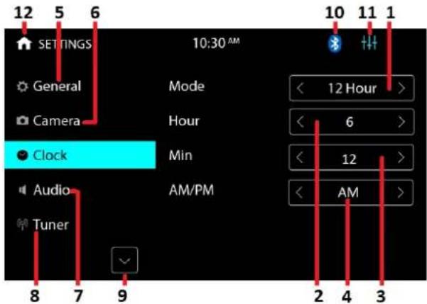 12 5 6 SETTINGS General Camera Clock Audio Tuner 8 7 9 10:30 AM Mode Hour Min AM/PM 12 Hour > 6 > 12 > AM >