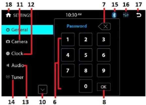 18 11 12 SETTINGS General Camera Clock Audio Tuner 14 13 10 6 8 10:30 AM Password 1 2 3 4 5 6 7 8 9 0 OK