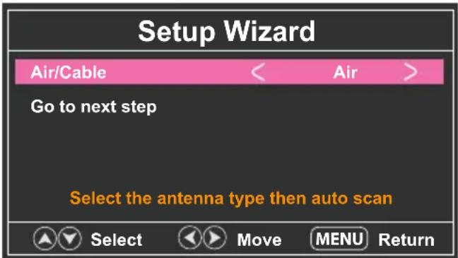 Setup Wizard Air/Cable < Air > Go to next step Select the antenna type then auto scan Select Select Move MENU Return