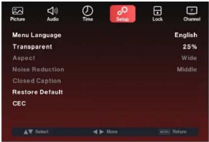 Picture Audio Time Setup Lock Channel Menu Language English Transparent 25% Aspect Wide Noise Reduction Middle Closed Caption Restore Default CEC Select Move MENU Return