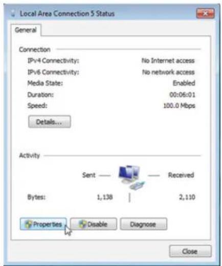 Local Area Connection 5 Status General Connection IPv4 Connectivity: No Internet access IPv6 Connectivity: No network access Media State: Enabled Duration: 00:06:01 Speed: 100.0 Mbps Details... Activity Sent — Received Bytes: 1,138 | 2,110 Properties Disable Diagnose Close