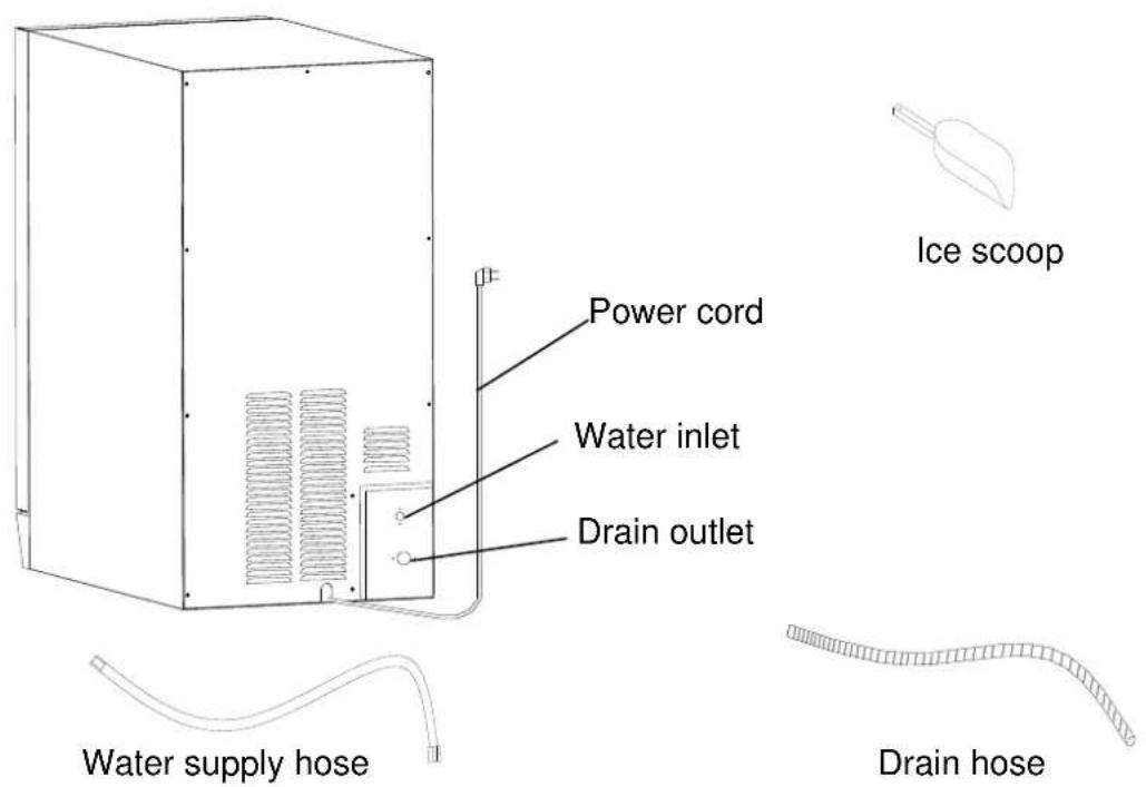 Power cord Water inlet Drain outlet Ice scoop Water supply hose Drain hose