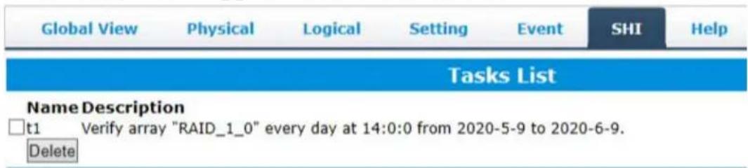 Global View Physical Logical Setting Event SHI Help Tasks List Name Description □t1 Verify array "RAID_1_0" every day at 14:0:0 from 2020-5-9 to 2020-6-9. Delete