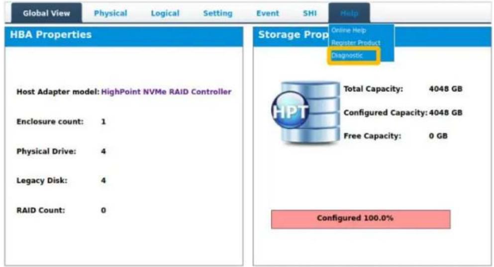 Global View Physical Logical Setting Event SHI Help HBA Properties Host Adapter model: HighPoint NVMe RAID Controller Enclosure count: 1 Physical Drive: 4 Legacy Disk: 4 RAID Count: 0 Storage Prop Online Help Register Product Diagnostic Total Capacity: 4048 GB Configured Capacity: 4048 GB Free Capacity: 0 GB Configured 100.0%
