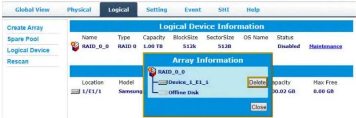 Global View Physical Logical Setting Event SHI Help Create Array Spare Pool Logical Device Rescan Logical Device Information Name Type Capacity BlockSize SectorSize OS Name Status RAID_0_0 RAID 0 1.00 TB 512k 512B Disabled Maintenance Array Information RAID_0_0 Device_1_E1_1 Delete Capacity Max Free 1/E1/1 Samsung Offline Disk 00.02 GB 0.00 GB Close