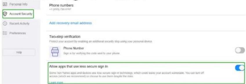 Personal Info Account Security Recent Activity Preferences Help Phone numbers +1 (410) 735-0147 Add recovery email address Two-step verification Protect your account by enabling an additional security step using your personal device. Phone Number Sign is by verifying the code sent to your phone. Allow apps that use less secure sign in Some non-haloo apps and devices use less secure sign-in technology, which could leave your account vulnerable. You can turn off access (which are recommended) or choose to use them despite the risks. Last page