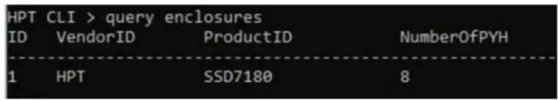 HPT CLI > query enclosures ID VendorID ProductID NumberOfPYH 1 HPT SSD7180 8