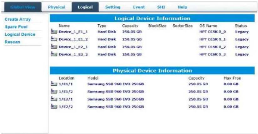 Global View Physical Logical Setting Event SHI Help Create Array Spare Pool Logical Device Rescan Logical Device Information Name Type Capacity BlockSize SectorSize OS Name Status Device_1_E1_1 Hard Disk 250.05 GB HPT DISK 0_0 Legacy Device_1_E1_2 Hard Disk 250.05 GB HPT DISK 0_1 Legacy Device_1_E2_1 Hard Disk 250.05 GB HPT DISK 0_2 Legacy Device_1_E2_2 Hard Disk 250.05 GB HPT DISK 0_3 Legacy Physical Device Information Location Model Capacity Max Free 1/E1/1 Samsung SSD 960 EVO 250GB 250.05 GB 0.00 GB 1/E1/2 Samsung SSD 960 EVO 250GB 250.05 GB 0.00 GB 1/E2/1 Samsung SSD 960 EVO 250GB 250.05 GB 0.00 GB 1/E2/2 Samsung SSD 960 EVO 250GB 250.05 GB 0.00 GB