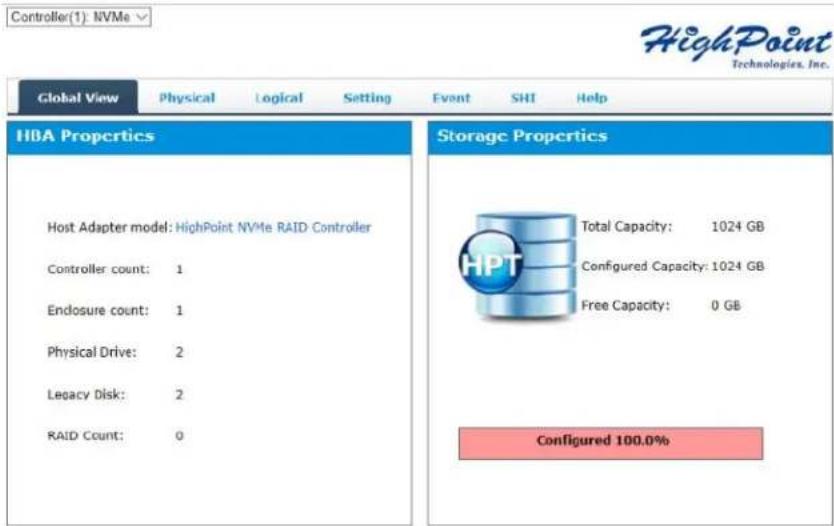 Controller(1): NVMe HighPoint Technologies, Inc. Global View Physical Logical Setting Event SHI Help HBA Properties Host Adapter model: HighPoint NVMe RAID Controller Controller count: 1 Endosure count: 1 Physical Drive: 2 Legacy Disk: 2 RAID Count: 0 Storage Properties Total Capacity: 1024 GB Configured Capacity: 1024 GB Free Capacity: 0 GB Configured 100.0%