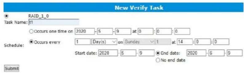New Verify Task ● RAID_1_0 Task Name: 11 ○ Occurs one time on 2020 -5 -9 at 0 :0 :0 Schedule: ● Occurs every 1 Day(s) -on Sunday -1 at 14 :0 :0 Start date: 2020 -5 -9 ● End date: 2020 -6 -9 ○ No end date Submit