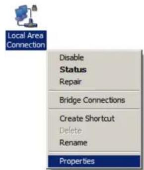 Local Area Connection Disable Status Repair Bridge Connections Create Shortcut Delete Rename Properties