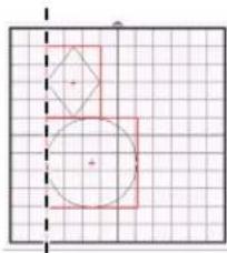 Geometric diagram showing a square and a circle inscribed in a larger square, with dashed lines indicating symmetry or projection.